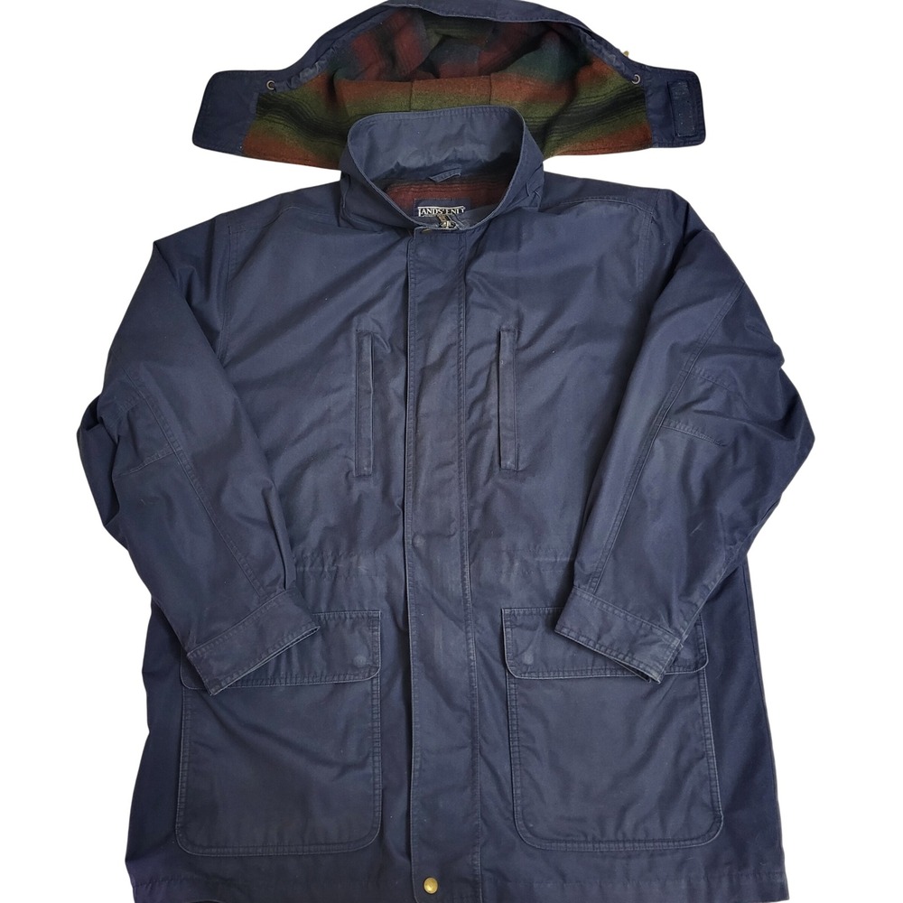 Vtg Lands End Mens Navy Field Chore Barn Jacket Hooded Wool Lined Coat Sz Lg Y2K